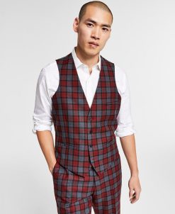 Bar III Men's Slim-Fit Red/Gray Plaid Suit Vest, Created For Macy's