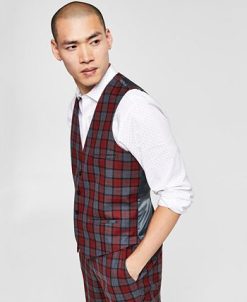 Bar III Men's Slim-Fit Red/Gray Plaid Suit Vest, Created For Macy's 4 Bar III Men's Slim-Fit Red/Gray Plaid Suit Vest, Created For Macy's -macys shop 19467059 fpx