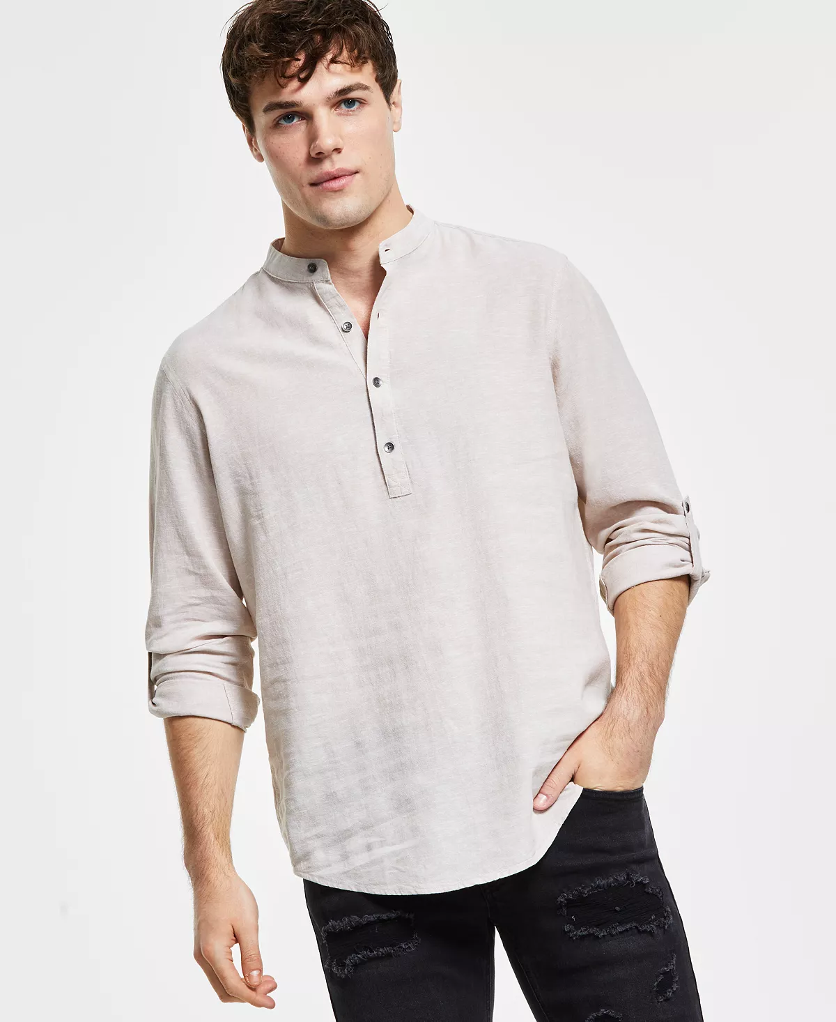Men's Regular-Fit Linen Popover Shirt, Created For Macy's INC International Concepts Men's Regular-Fit Linen Popover Shirt, Created For Macy's -macys shop