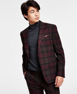 Bar III Men's Slim-Fit Burgundy Plaid Suit Separate Jacket, Created For Macy's