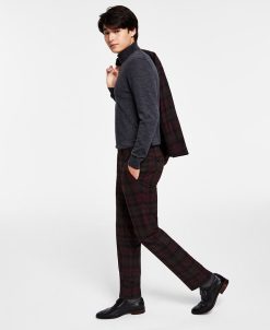 Bar III Men's Slim-Fit Burgundy Plaid Suit Separate Pants, Created For Macy's