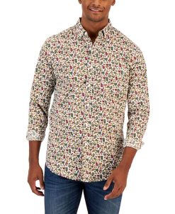 Club Room Men's Autumnal Foliage Classic-Fit Botanical-Print Button-Down Poplin Shirt, Created For Macy's