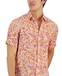 Club Room Men's Theora Garden Check Floral Linen Short-Sleeve Pocket Shirt, Created For Macy's -macys shop 21695718 fpx