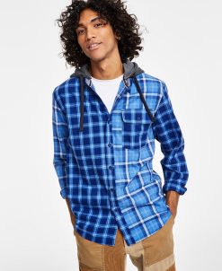 Sun + Stone Men's Snyder Regular-Fit Patchwork Plaid Hooded Shirt, Created For Macy's