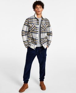Sun + Stone Men's Plaid Fleece Collar Trucker Jacket, Thermal Waffle-Knit Long Sleeve Shirt & Corduroy Jogger Pants, Created For Macy's