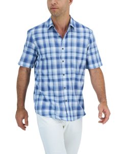 Alfani Men's Short-Sleeve Panama Plaid Textured Shirt, Created For Macy's