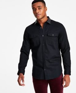 INC International Concepts Men's Classic-Fit Solid Button-Down Shirt With Faux-Leather Collar, Created For Macy's