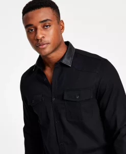 INC International Concepts Men's Classic-Fit Solid Button-Down Shirt With Faux-Leather Collar, Created For Macy's -macys shop 22225770 fpx
