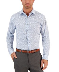 Alfani Men's Slim Fit 2-Way Stretch Stain Resistant Geometric Print Dress Shirt, Created For Macy's