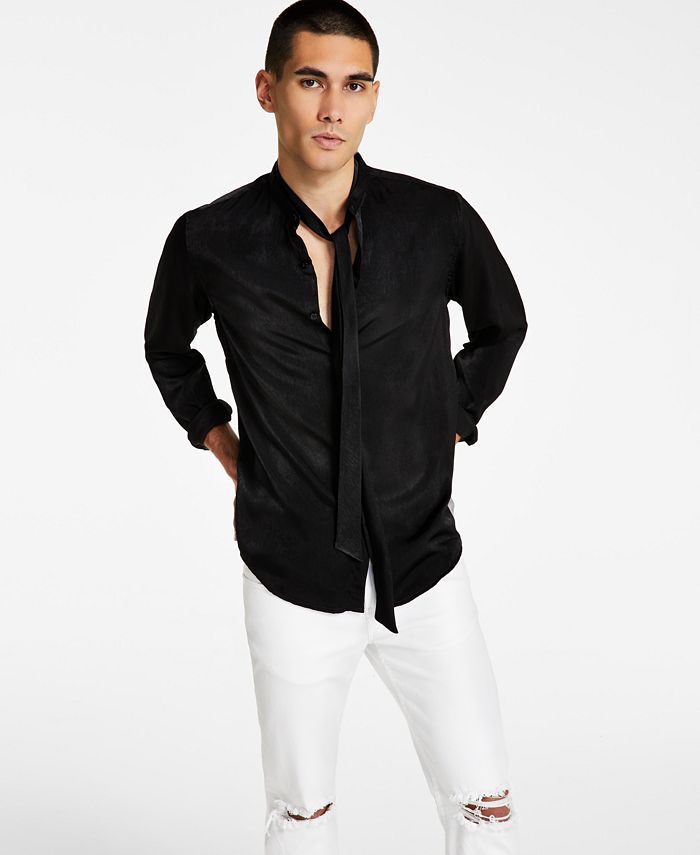 -Fit Satin Bow Button-Down Shirt, Created For Macy's INC International Concepts -Fit Satin Bow Button-Down Shirt, Created For Macy's -macys shop