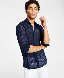 INC International Concepts Men's Long-Sleeve Sheer Vertical Striped Shirt, Created For Macy's