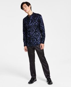 INC International Concepts Men's Band Collar Button-Up Shirt & Satin Stripe Dress Pants, Created For Macy's