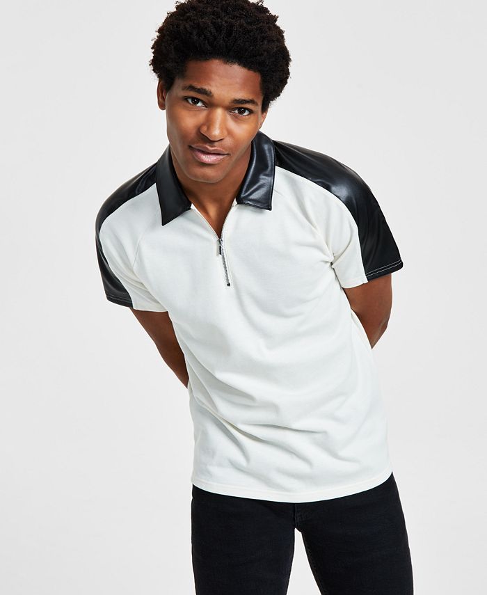 Men's Classic-Fit Short-Sleeve Zip Polo Shirt With Faux Leather Piecing, Created For Macy's INC International Concepts Men's Classic-Fit Short-Sleeve Zip Polo Shirt With Faux Leather Piecing, Created For Macy's -macys shop