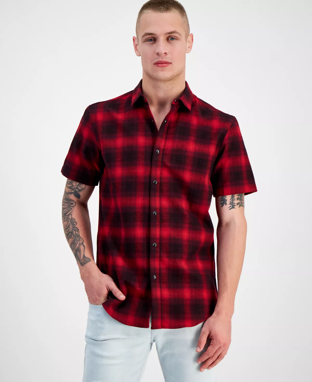 Men's Plaid Short-Sleeve Button-Up Shirt, Created For Macy's INC International Concepts Men's Plaid Short-Sleeve Button-Up Shirt, Created For Macy's -macys shop