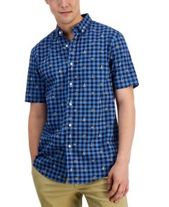 Club Room Men's Peter Classic-Fit Maritime-Print Check Button-Down Poplin Shirt, Created For Macy's