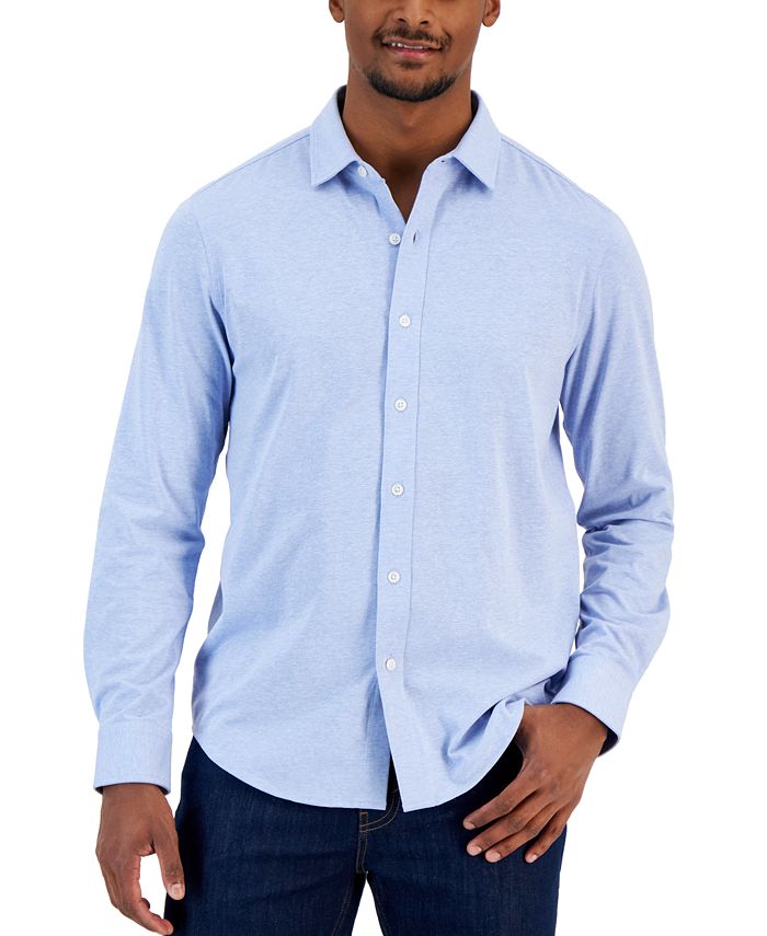 Men's Classic-Fit Heathered Jersey-Knit Button-Down Shirt, Created For Macy's Alfani Men's Classic-Fit Heathered Jersey-Knit Button-Down Shirt, Created For Macy's -macys shop