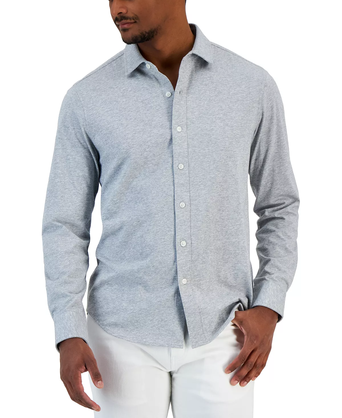 Men's Classic-Fit Heathered Jersey-Knit Button-Down Shirt, Created For Macy's Alfani Men's Classic-Fit Heathered Jersey-Knit Button-Down Shirt, Created For Macy's -macys shop