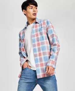 Sun + Stone Men's Brock Classic-Fit Textured Plaid Button-Down Shirt, Created For Macy's -macys shop 23110940 fpx