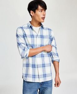 Sun + Stone Men's Brock Classic-Fit Textured Plaid Button-Down Shirt, Created For Macy's -macys shop 23110952 fpx