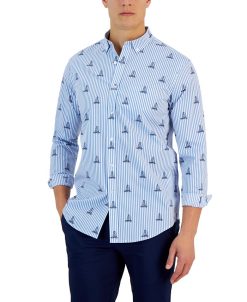 Club Room Men's James Classic-Fit Stripe Sailboat-Print Button-Down Poplin Shirt, Created For Macy's