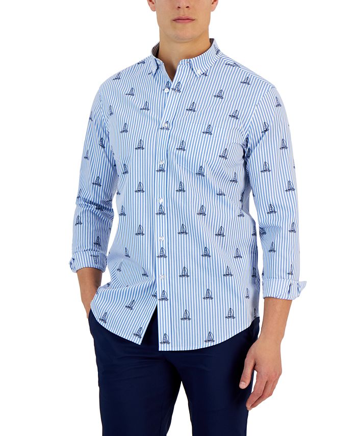 Men's James Classic-Fit Stripe Sailboat-Print Button-Down Poplin Shirt, Created For Macy's Club Room Men's James Classic-Fit Stripe Sailboat-Print Button-Down Poplin Shirt, Created For Macy's -macys shop