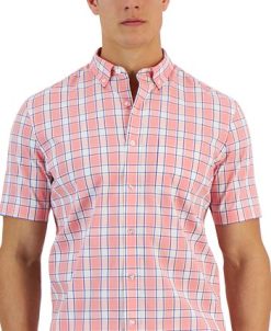 Club Room Verde Short Sleeve Button-Down Plaid Pattern Shirt, Created For Macy's -macys shop 23204868 fpx