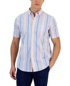 Club Room Flamingo Short Sleeve Button-Down Striped Pattern Shirt, Created For Macy's