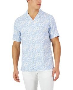 Club Room Men's Short-Sleeve Tile Shibori Silk Shirt, Created For Macy's