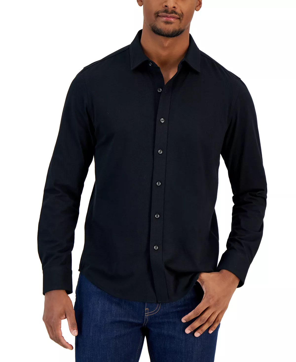 Men's Classic-Fit Heathered Jersey-Knit Button-Down Shirt, Created For Macy's Alfani Men's Classic-Fit Heathered Jersey-Knit Button-Down Shirt, Created For Macy's -macys shop