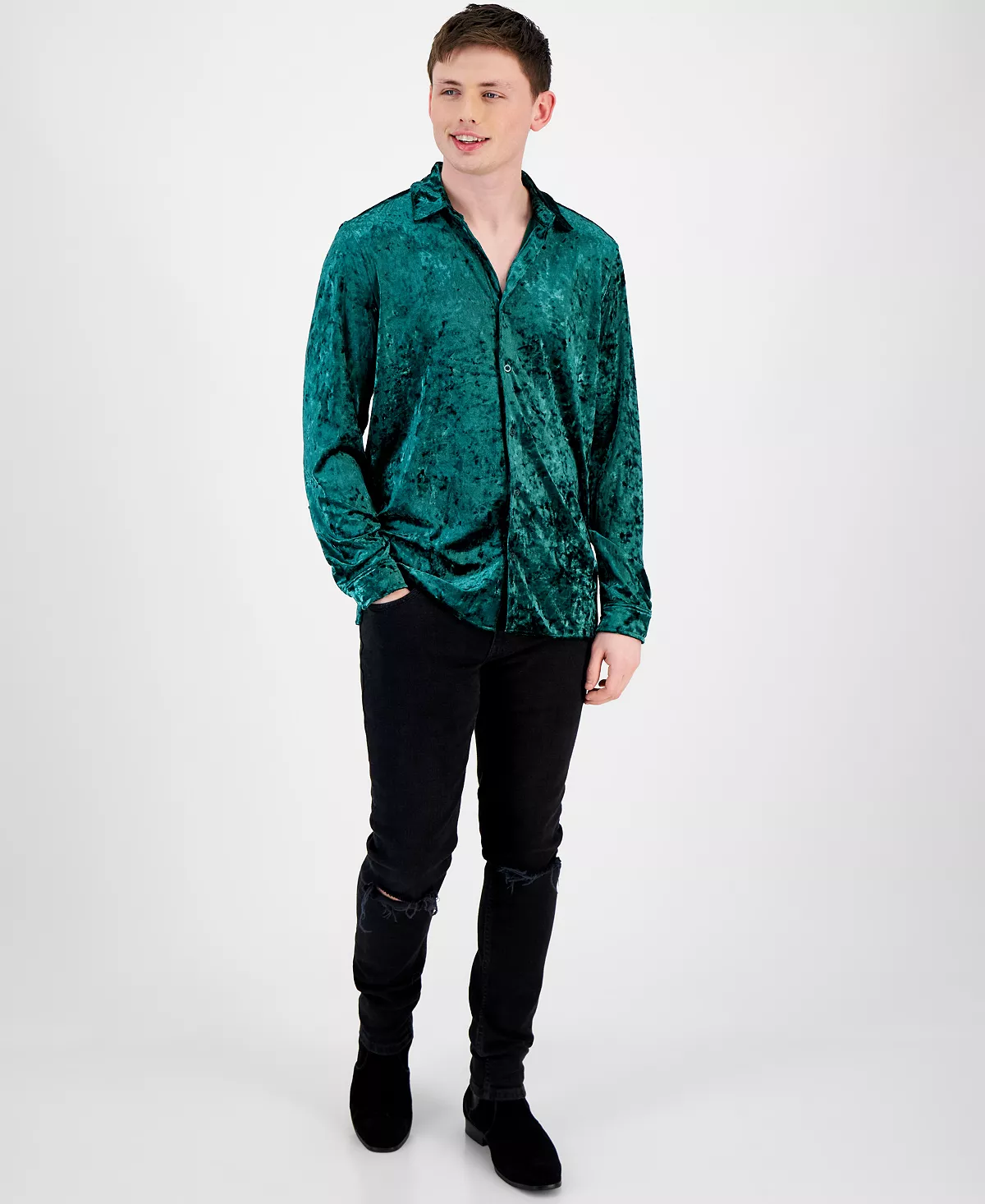 Men's Crinkled Velvet Button-Up Long-Sleeve Shirt, Created For Macy's INC International Concepts Men's Crinkled Velvet Button-Up Long-Sleeve Shirt, Created For Macy's -macys shop