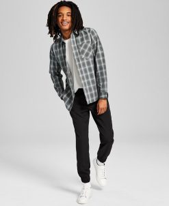 And Now This Men's Woven Plaid Long-Sleeve Button-Up Shirt, Soft Touch Pocket T-Shirt & Tech Stretch Jogger Pants