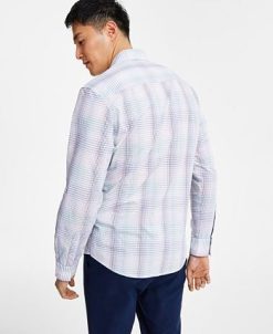 Alfani Men's Regular-Fit Gradient Plaid Long-Sleeve Button-Up Shirt, Created For Macy's -macys shop 23597468 fpx