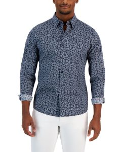 Michael Kors N's Slim-Fit Stretch Leaf Sketch Print Long-Sleeve Button-Up Shirt