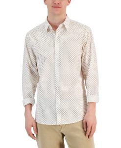 Michael Kors N's Slim-Fit Stretch Crosshatch Geometric Print Long-Sleeve Button-Up Shirt