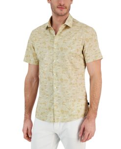 Michael Kors N's Slim-Fit Stretch Tonal Floral Print Short-Sleeve Button-Up Shirt